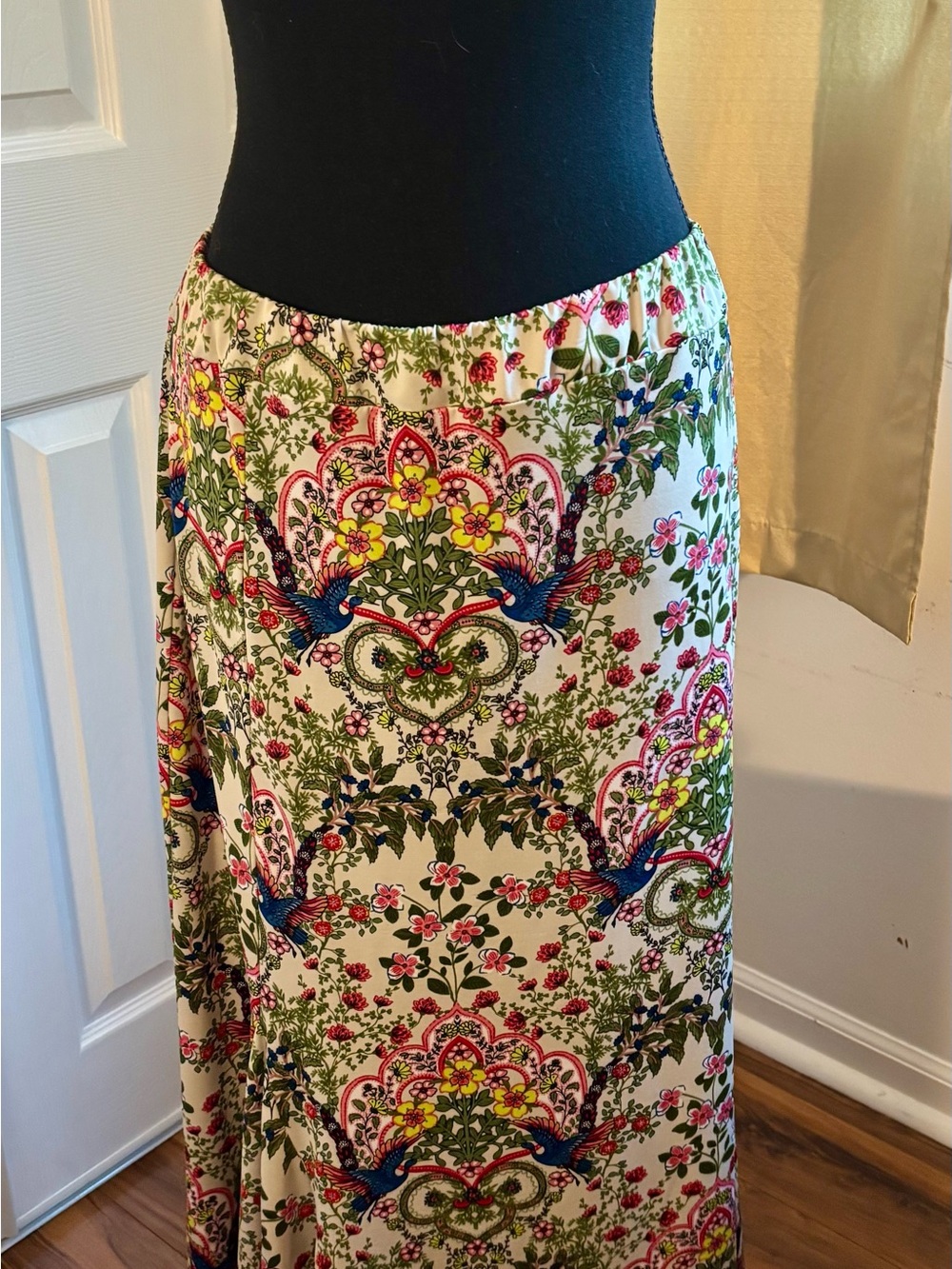 The Pyramid Collection Cream Maxi Skirt with Floral & Bird Motif